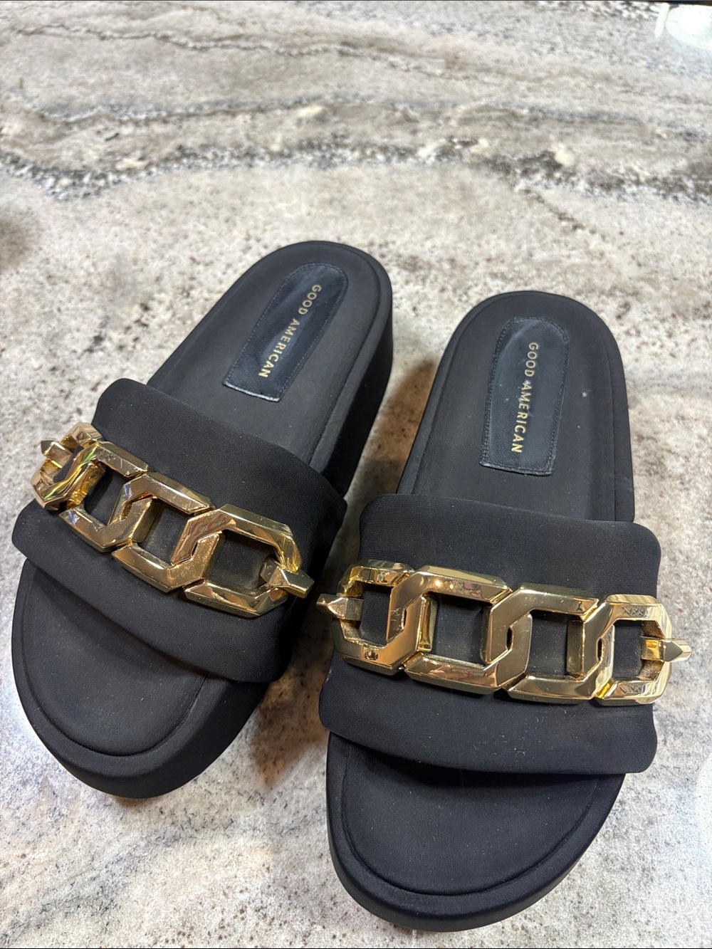 Good American Black Slide Mules with Oversized Gold Chain
